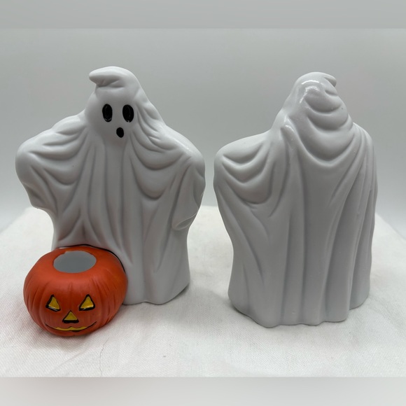 Ceramic Ghost with Orange Pumpkins Candle Holders with Tapers, Set of 2 Holders - Picture 2 of 3